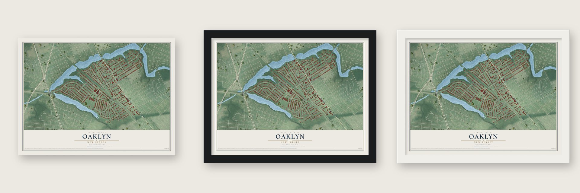 Oaklyn, New Jersey map unframed, in a black wood frame and in a white wood frame