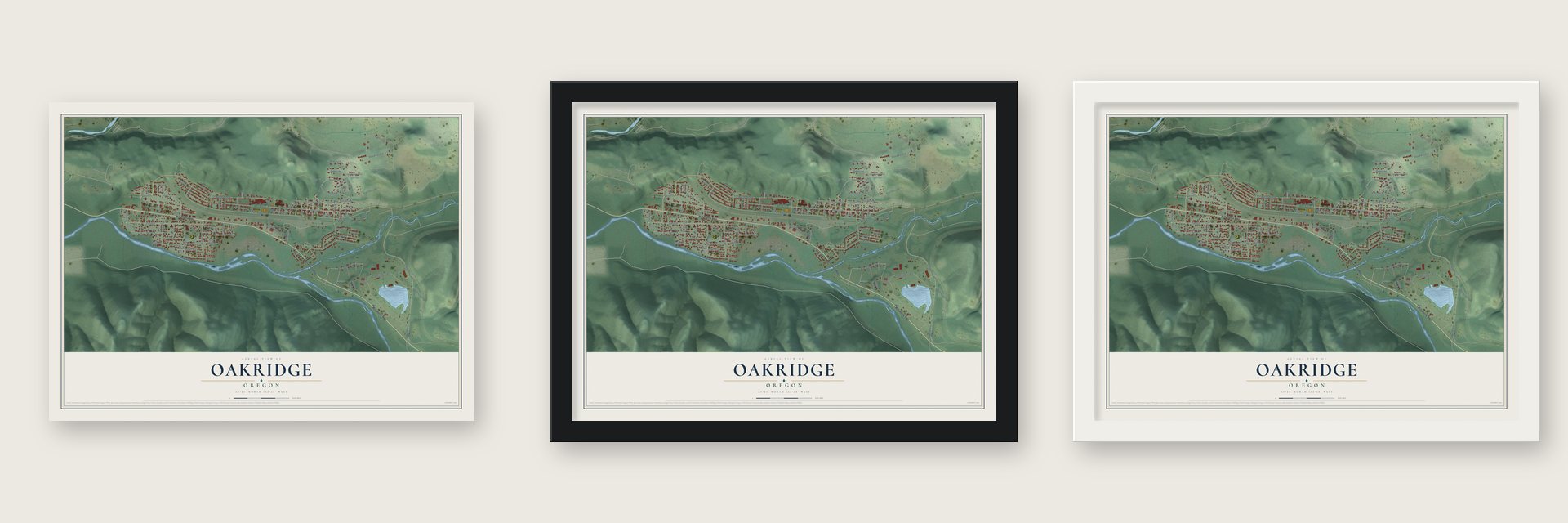 Oakridge, Oregon map unframed, in a black wood frame and in a white wood frame
