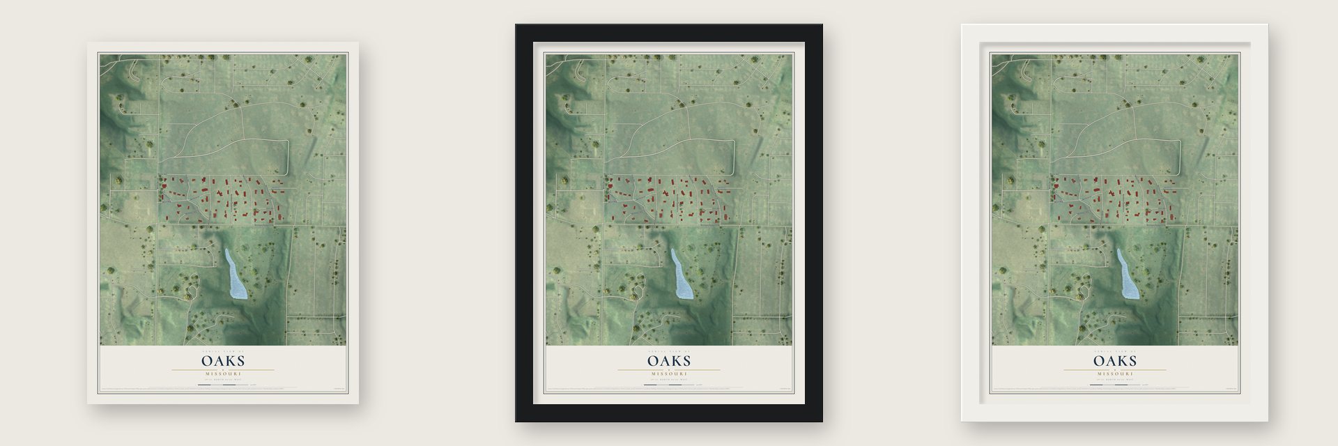 Oaks, Missouri map unframed, in a black wood frame and in a white wood frame