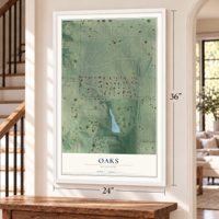 Oaks, Missouri map, 24 x 36 inch print in a white frame by a staircase