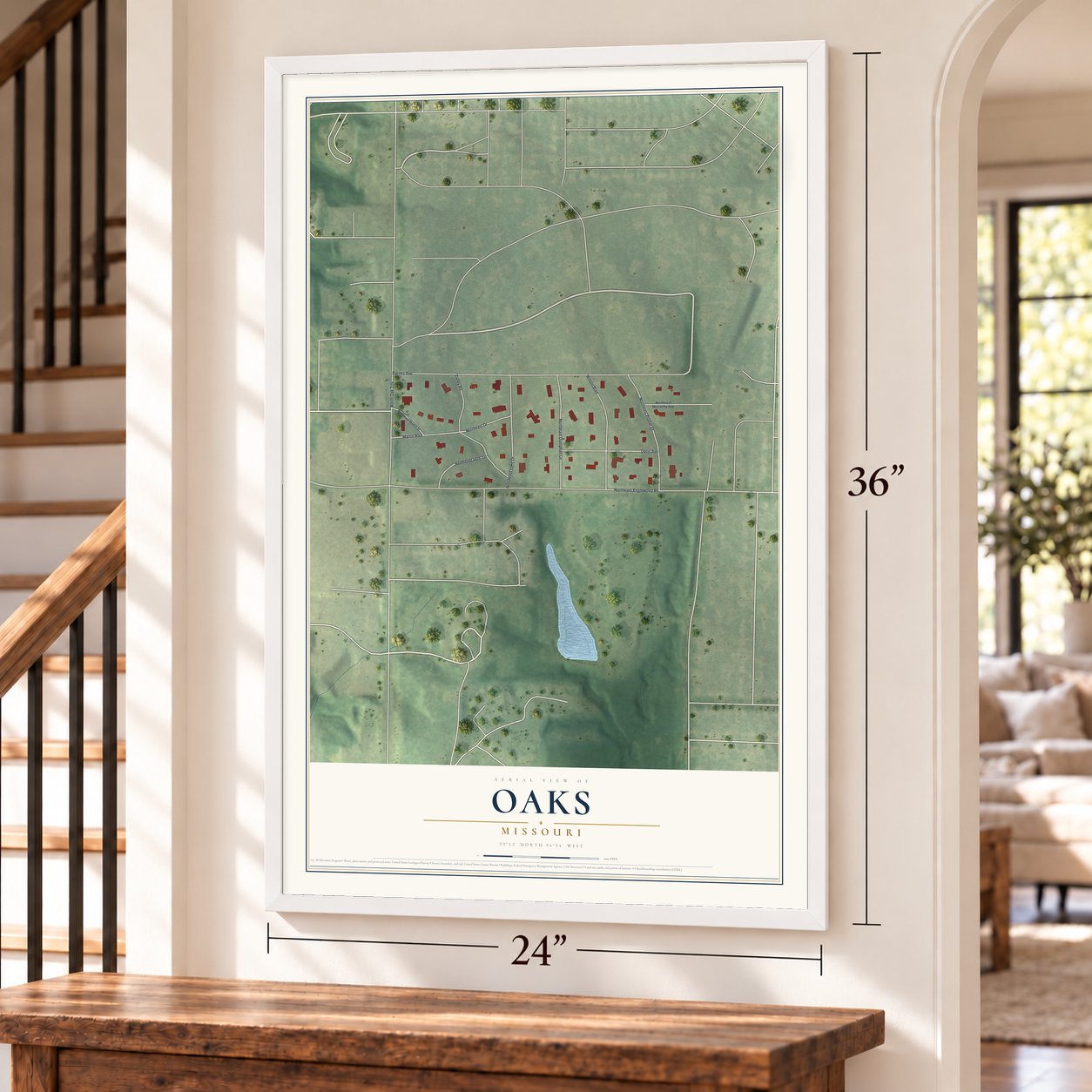 Oaks, Missouri map, 24 x 36 inch print in a white frame by a staircase