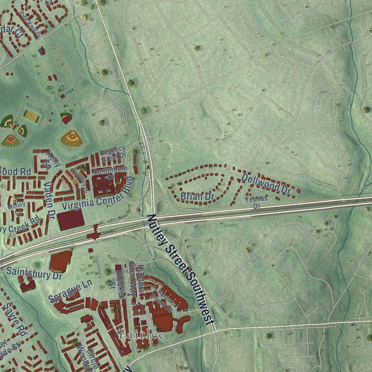 Second close-up of the map of Oakton, Virginia print showing more streets and buildings