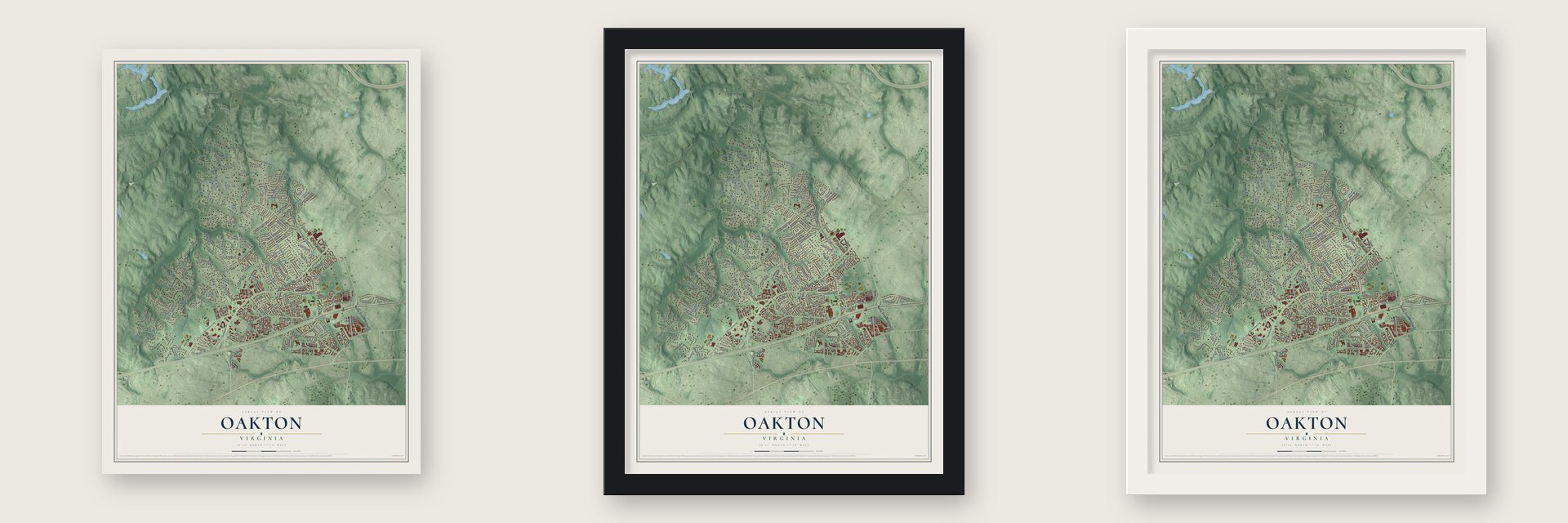 Oakton, Virginia map unframed, in a black wood frame and in a white wood frame