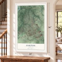 Oakton, Virginia map, 24 x 36 inch print in a white frame by a staircase