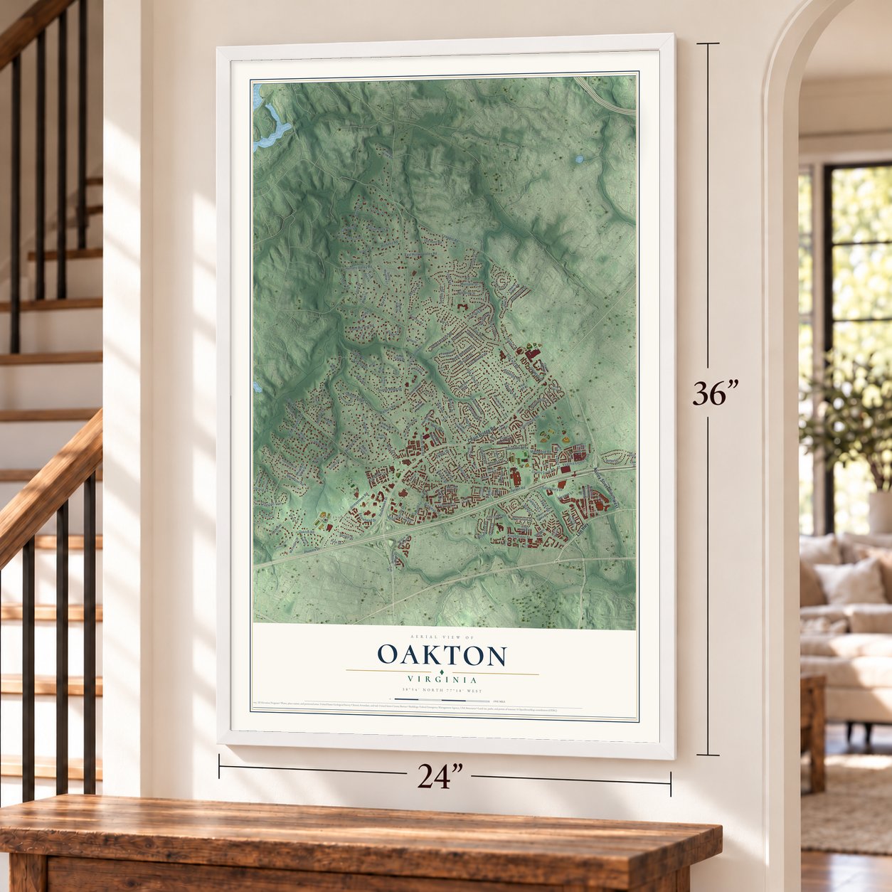 Oakton, Virginia map, 24 x 36 inch print in a white frame by a staircase