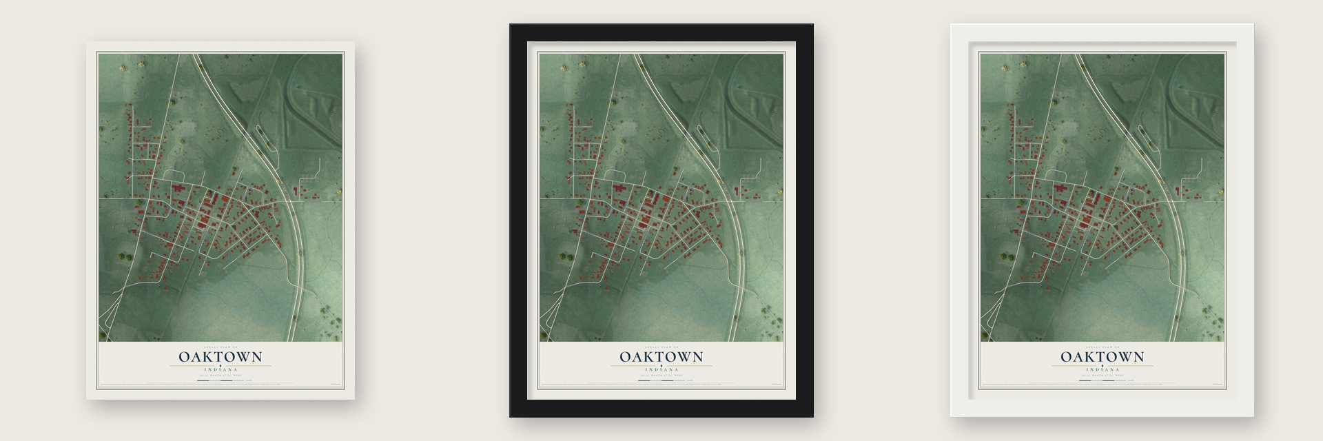 Oaktown, Indiana map unframed, in a black wood frame and in a white wood frame