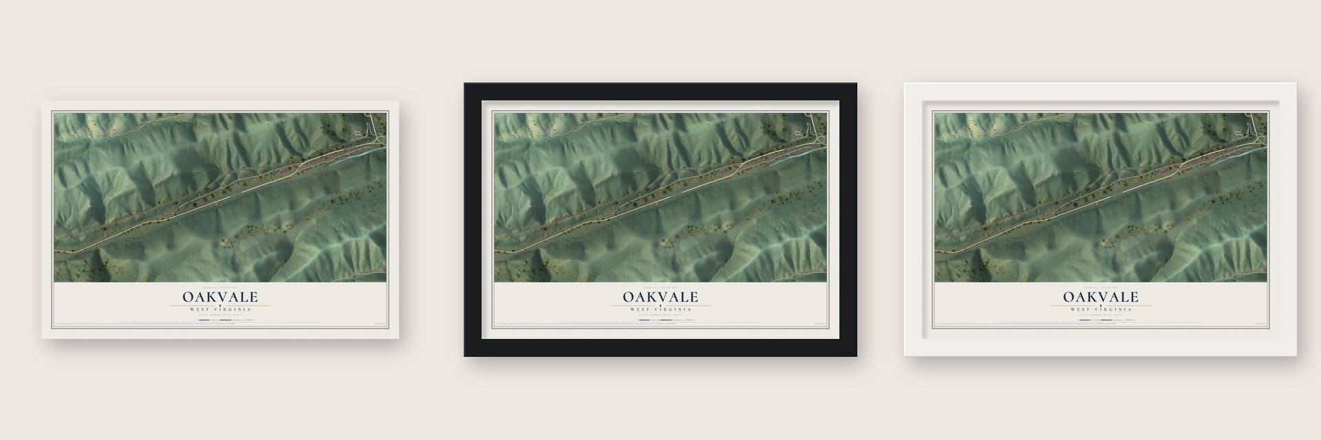Oakvale, West Virginia map unframed, in a black wood frame and in a white wood frame