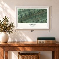 Oakvale, West Virginia map, 12 x 18 inch print in a white frame in an entryway