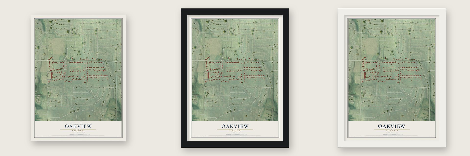 Oakview, Missouri map unframed, in a black wood frame and in a white wood frame