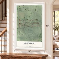 Oakview, Missouri map, 24 x 36 inch print in a white frame by a staircase