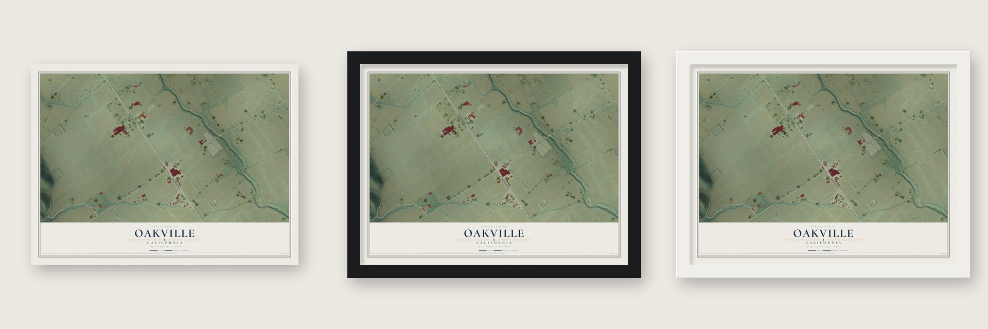 Oakville, California map unframed, in a black wood frame and in a white wood frame