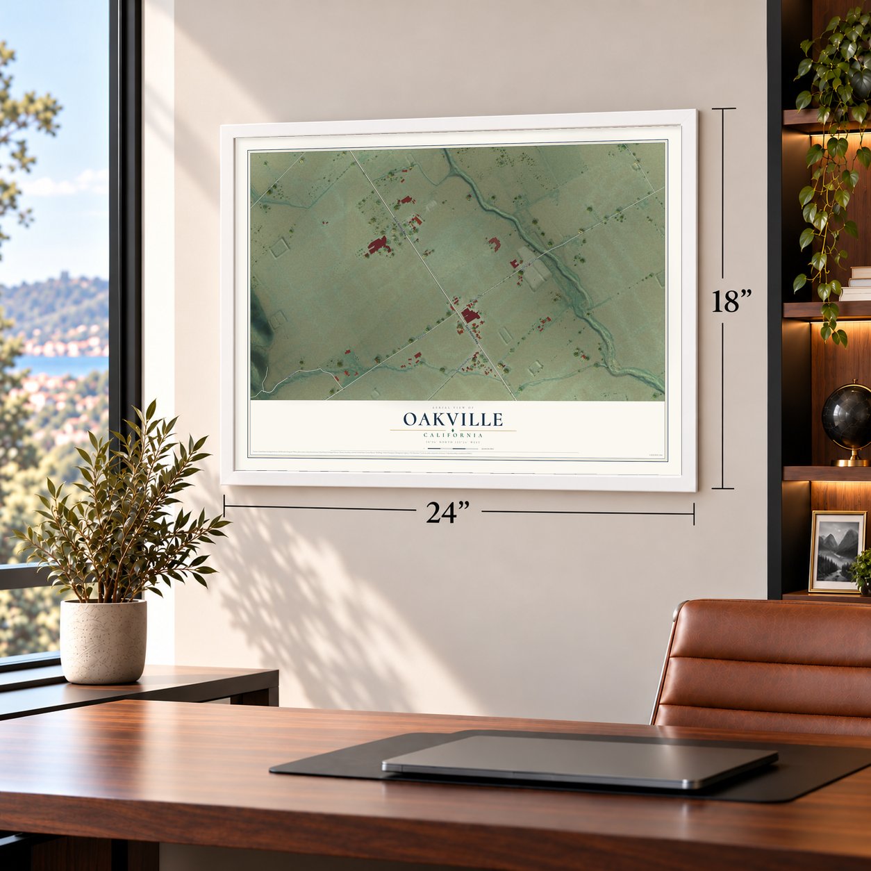 Oakville, California map, 18 x 24 inch print in a white frame in a home office