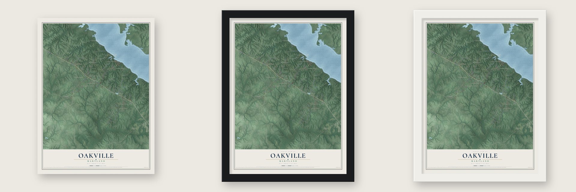 Oakville, Maryland map unframed, in a black wood frame and in a white wood frame