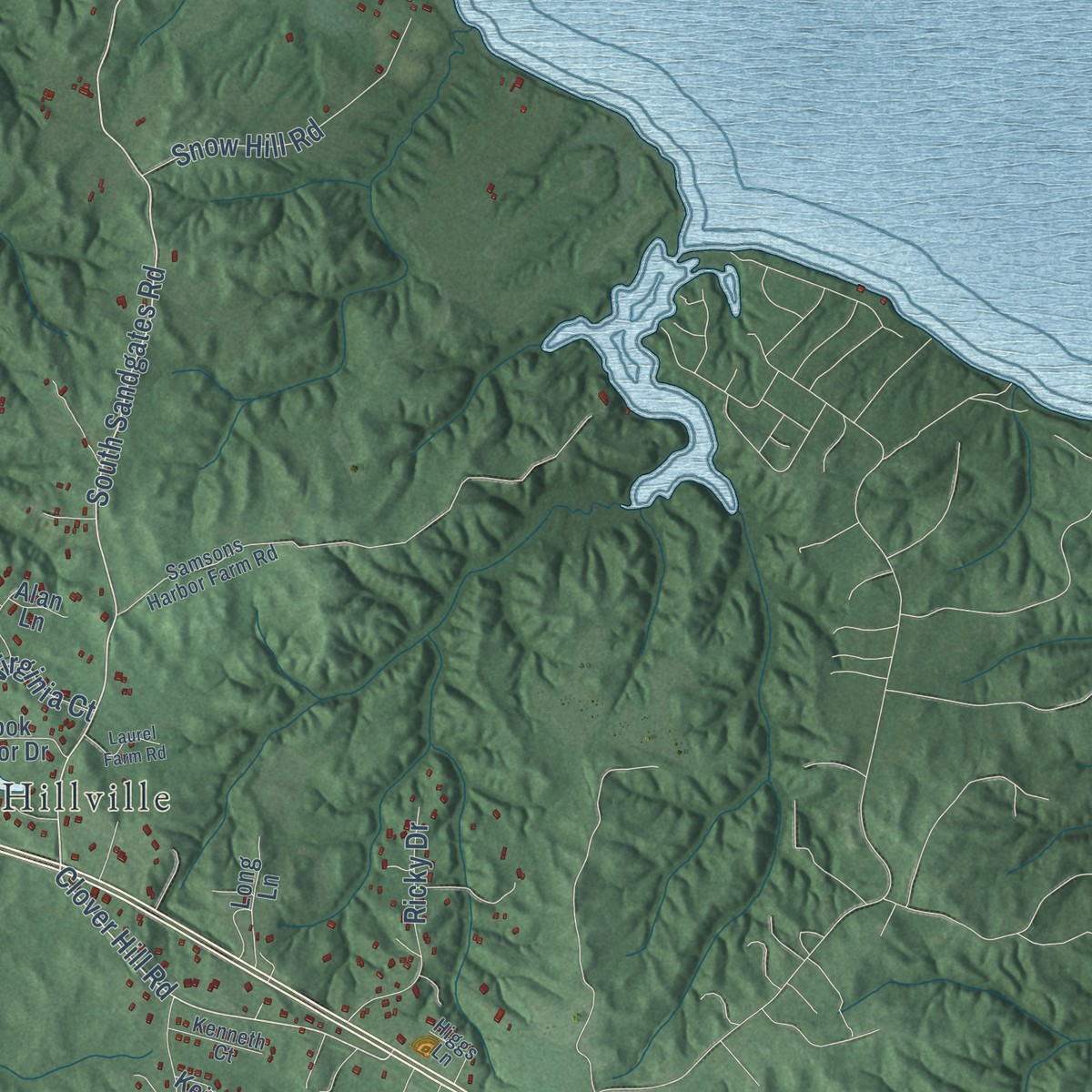 Second close-up of the map of Oakville, Maryland print showing more streets and buildings