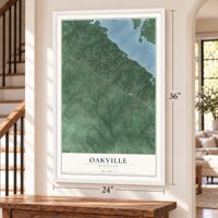 Oakville, Maryland map, 24 x 36 inch print in a white frame by a staircase