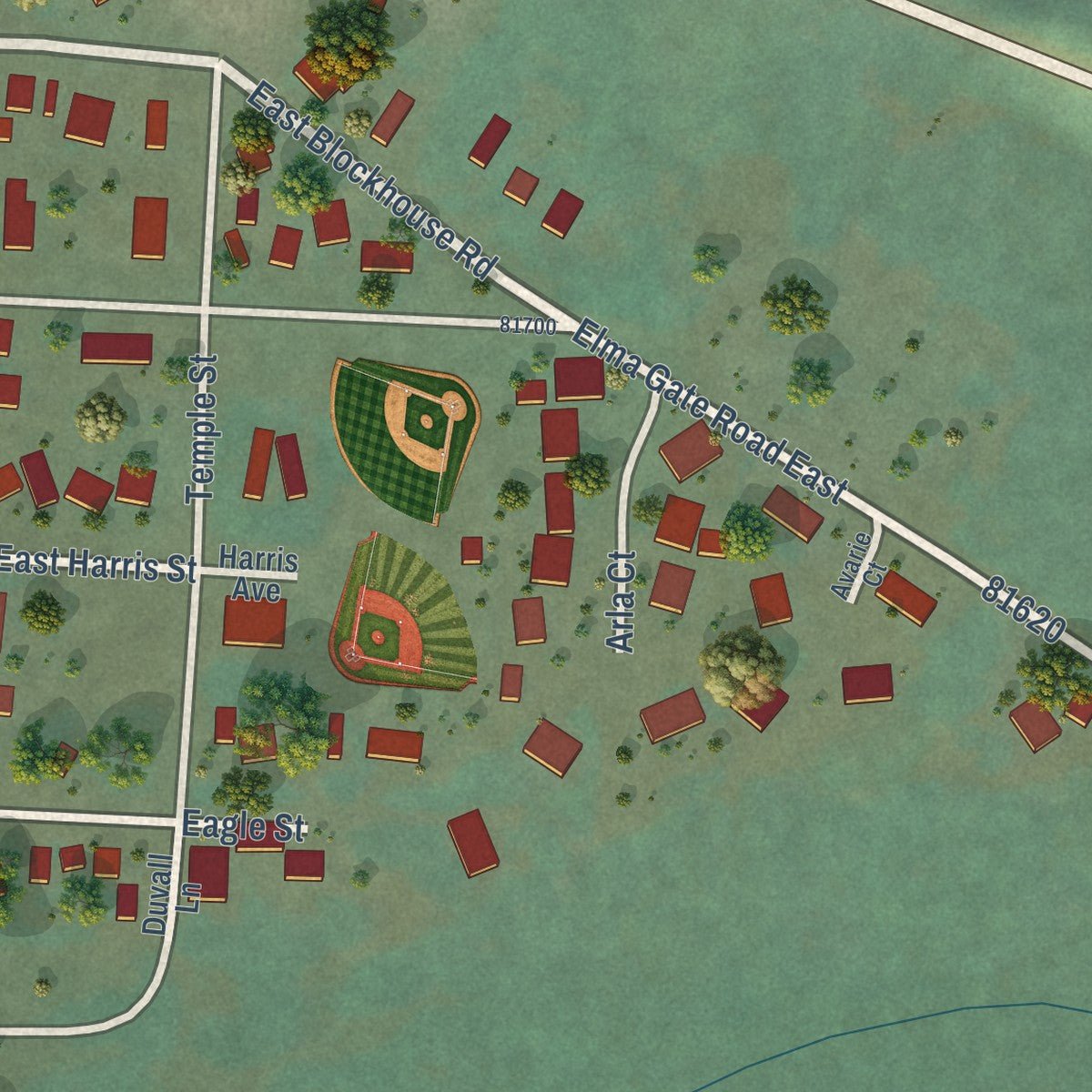 Second close-up of the map of Oakville, Washington print showing more streets and buildings