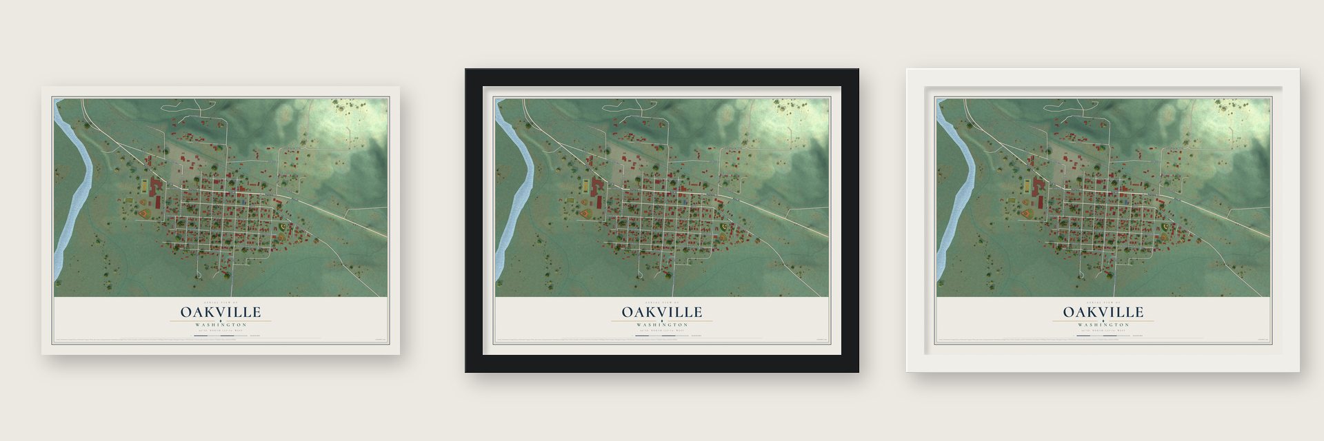 Oakville, Washington map unframed, in a black wood frame and in a white wood frame