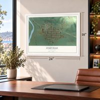Oakville, Washington map, 18 x 24 inch print in a white frame in a home office