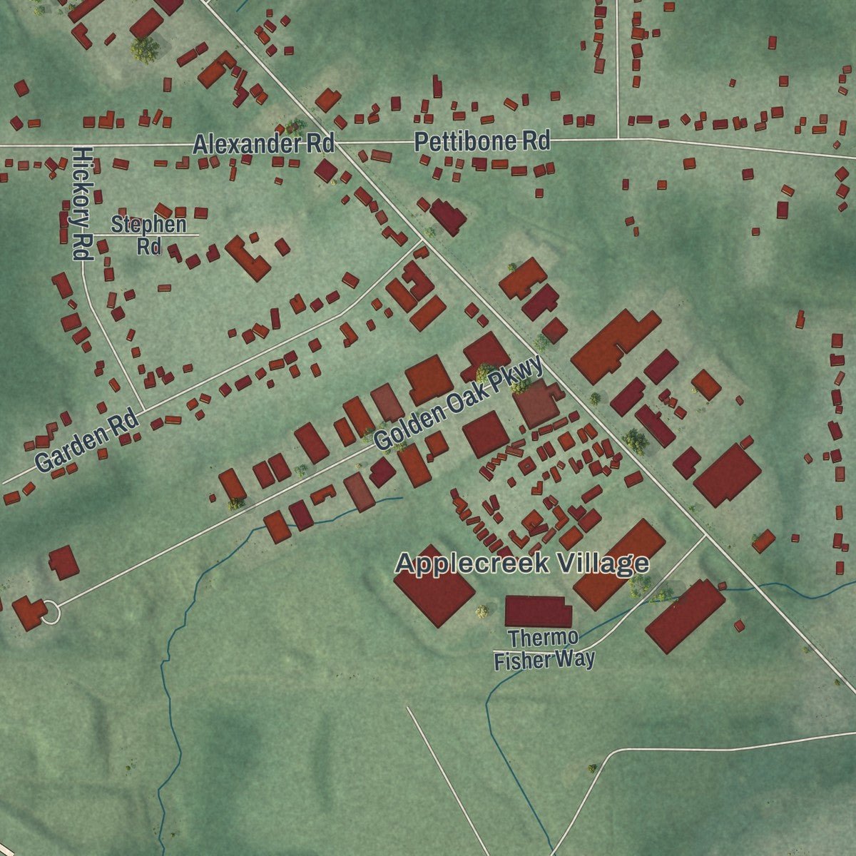 Second close-up of the map of Oakwood, Cuyahoga County, Ohio print showing more streets and buildings