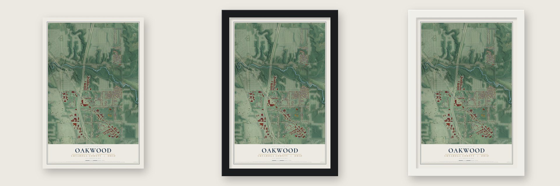 Oakwood, Cuyahoga County, Ohio map unframed, in a black wood frame and in a white wood frame