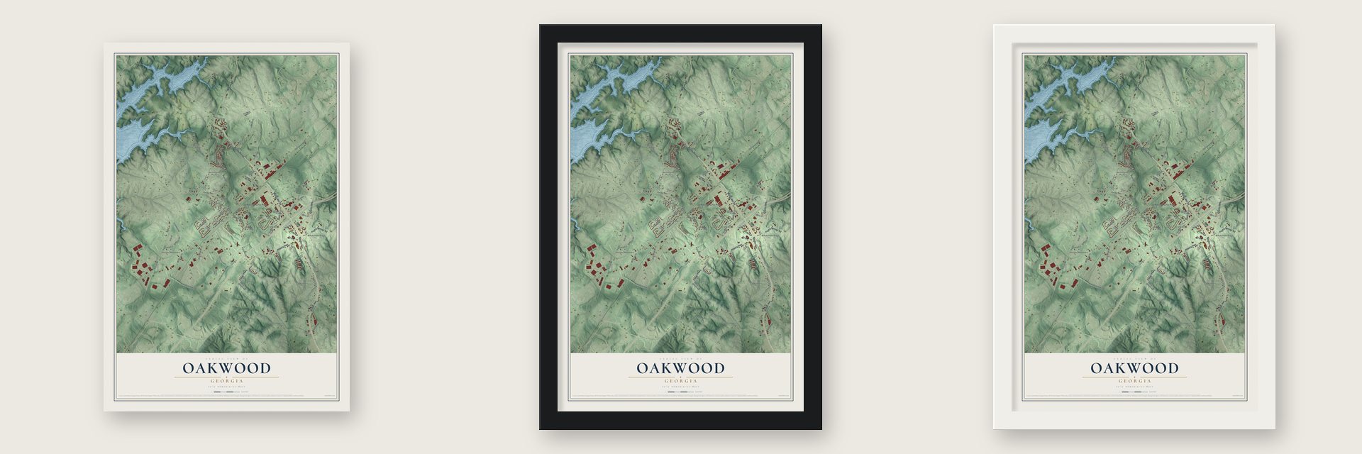 Oakwood, Georgia map unframed, in a black wood frame and in a white wood frame