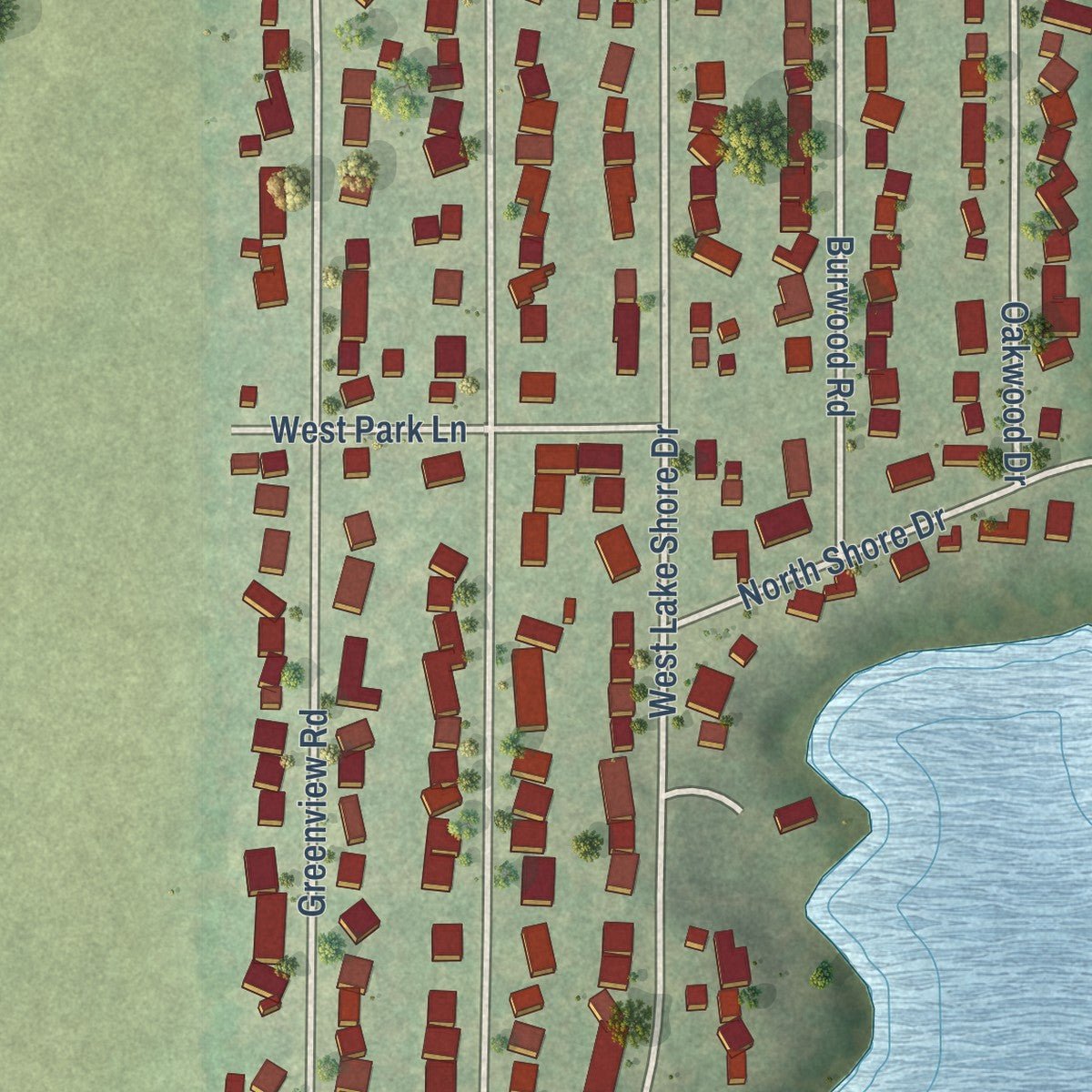 Second close-up of the map of Oakwood Hills, Illinois print showing more streets and buildings