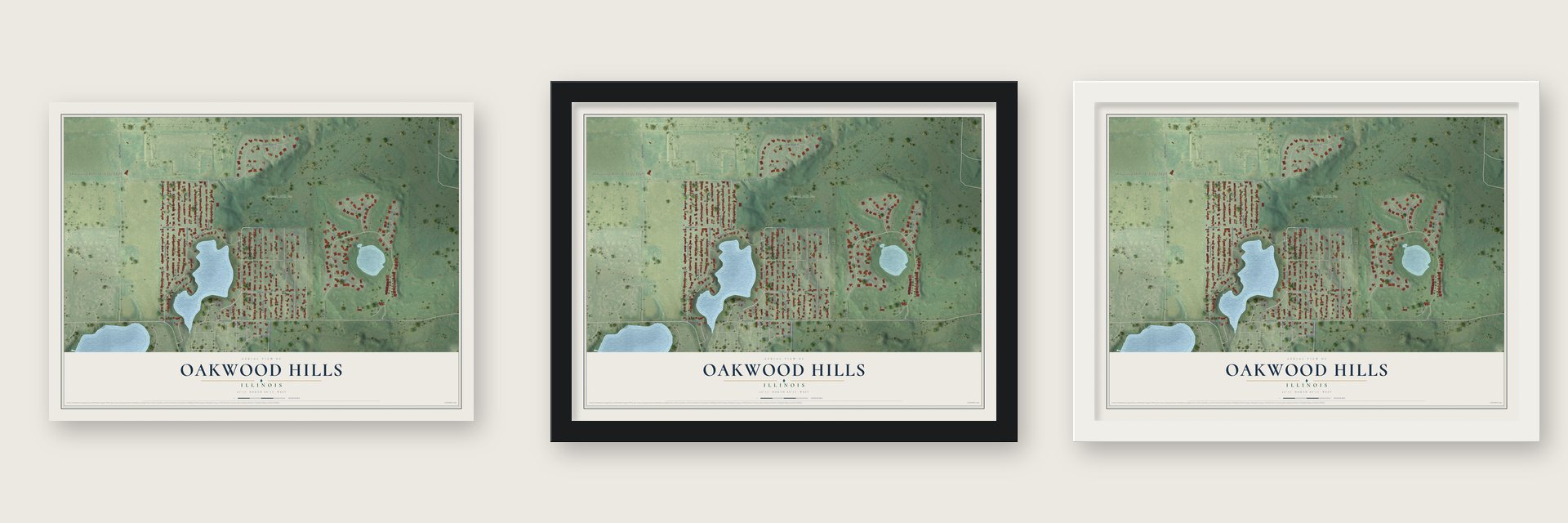 Oakwood Hills, Illinois map unframed, in a black wood frame and in a white wood frame
