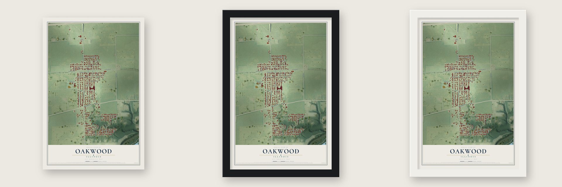 Oakwood, Illinois map unframed, in a black wood frame and in a white wood frame