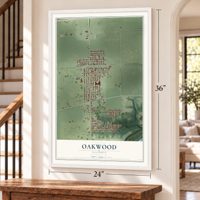 Oakwood, Illinois map, 24 x 36 inch print in a white frame by a staircase