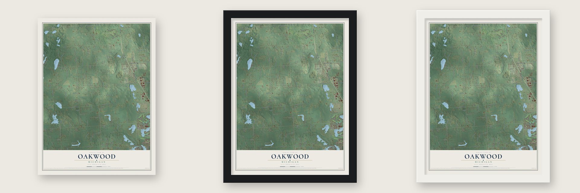 Oakwood, Michigan map unframed, in a black wood frame and in a white wood frame