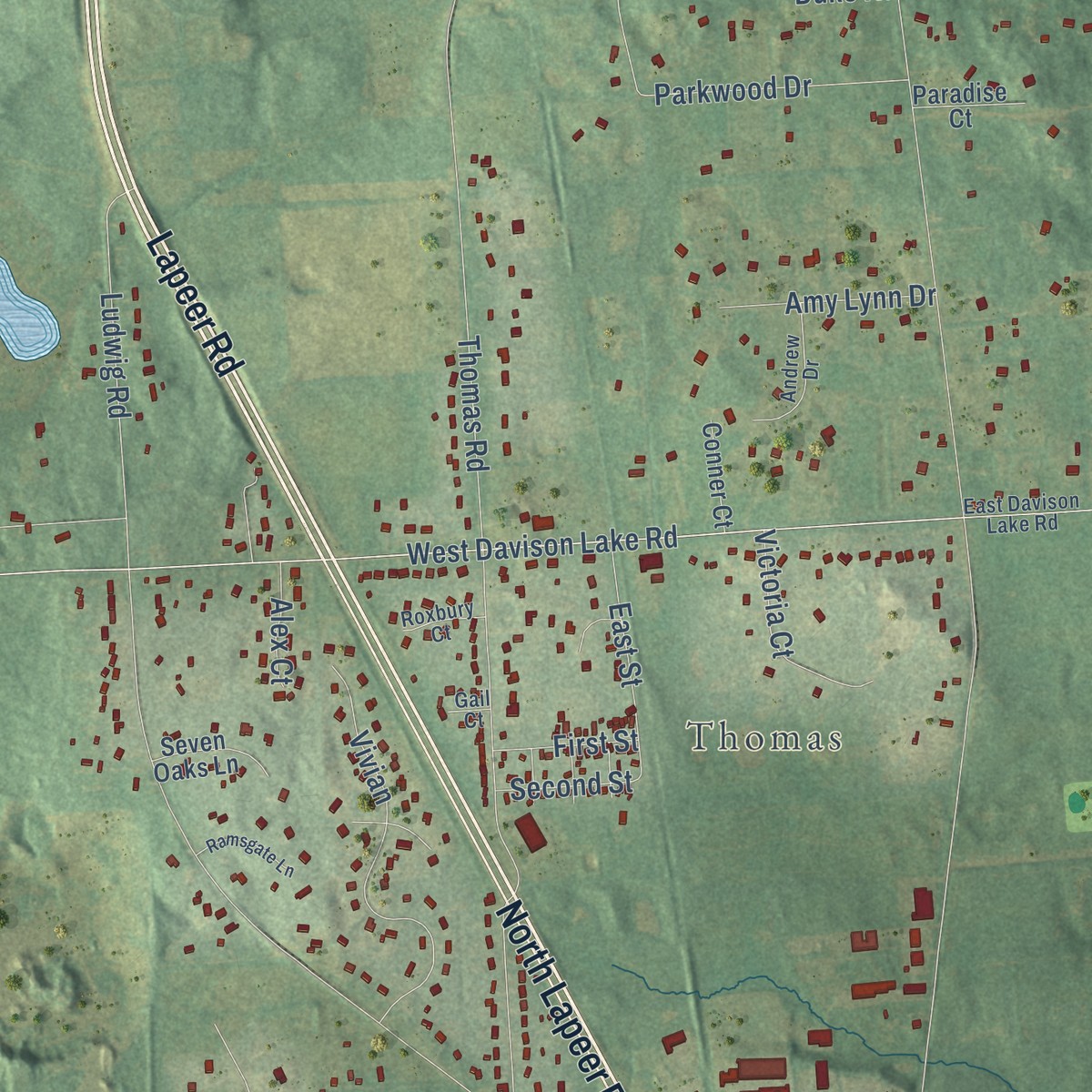 Second close-up of the map of Oakwood, Michigan print showing more streets and buildings