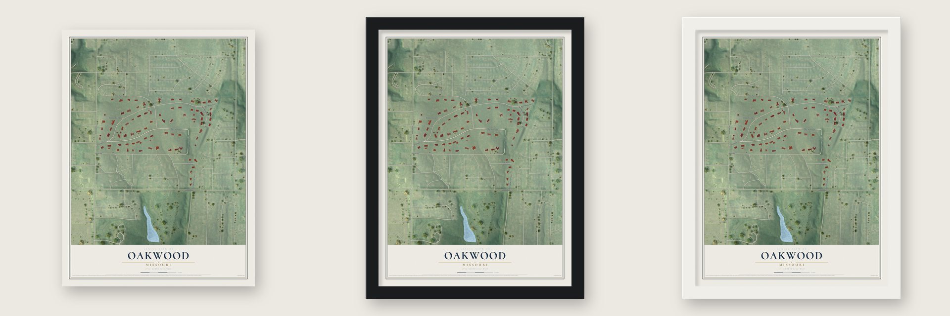 Oakwood, Missouri map unframed, in a black wood frame and in a white wood frame