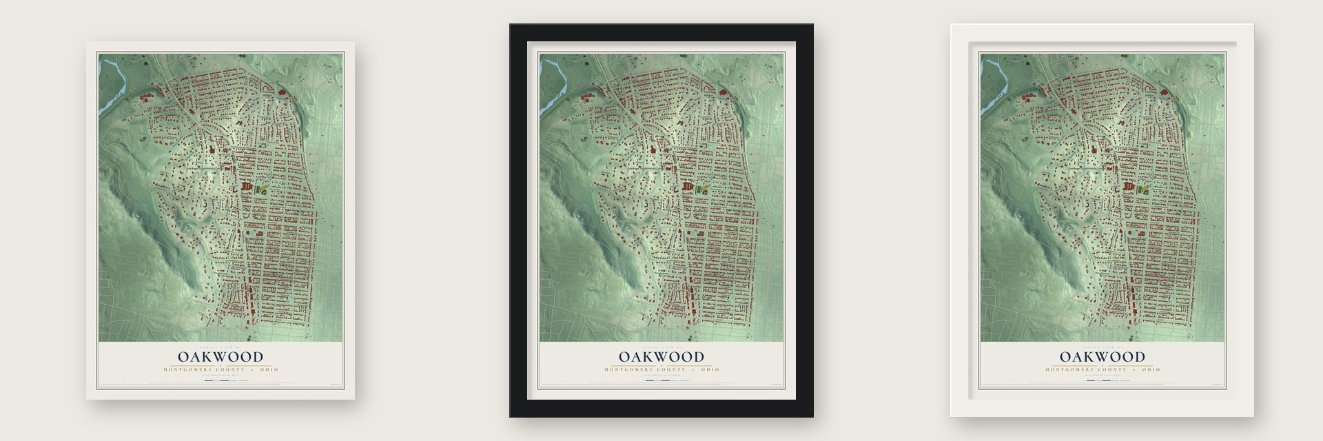 Oakwood, Montgomery County, Ohio map unframed, in a black wood frame and in a white wood frame