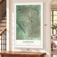 Oakwood, Montgomery County, Ohio map, 24 x 36 inch print in a white frame by a staircase