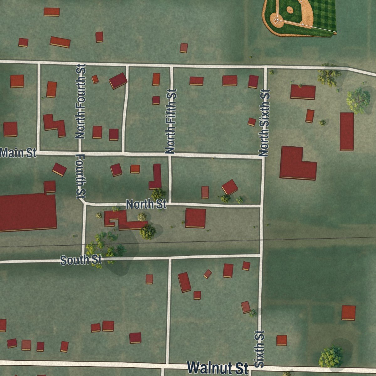Second close-up of the map of Oakwood, Paulding County, Ohio print showing more streets and buildings