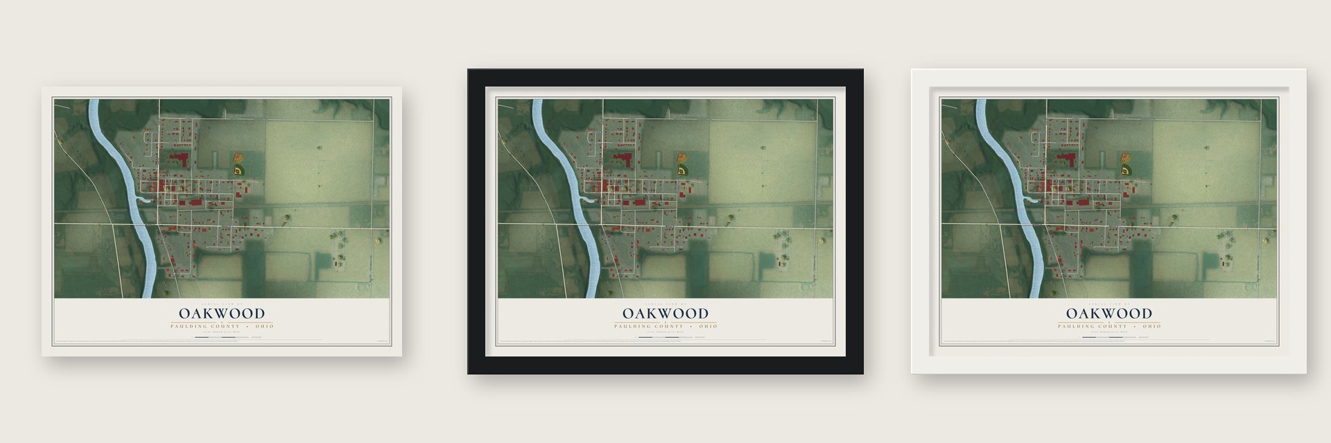 Oakwood, Paulding County, Ohio map unframed, in a black wood frame and in a white wood frame