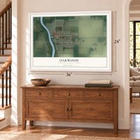 Oakwood, Paulding County, Ohio map, 24 x 36 inch print in a white frame above a dresser by a staircase