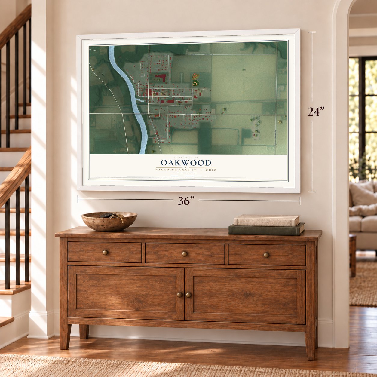 Oakwood, Paulding County, Ohio map, 24 x 36 inch print in a white frame above a dresser by a staircase