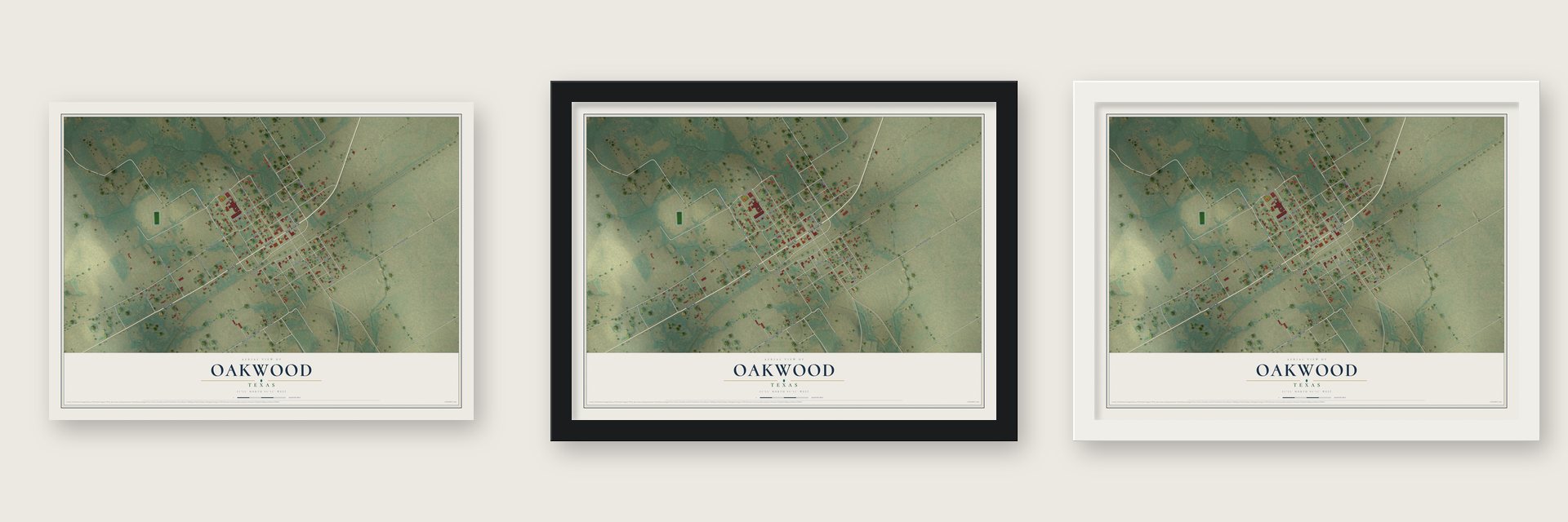 Oakwood, Texas map unframed, in a black wood frame and in a white wood frame