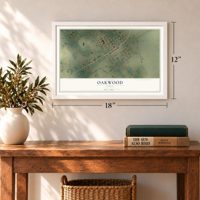 Oakwood, Texas map, 12 x 18 inch print in a white frame in an entryway