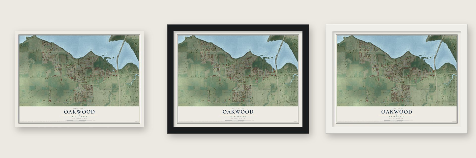 Oakwood, Wisconsin map unframed, in a black wood frame and in a white wood frame