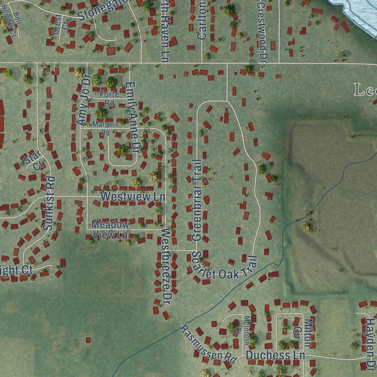 Second close-up of the map of Oakwood, Wisconsin print showing more streets and buildings