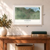 Oakwood, Wisconsin map, 12 x 18 inch print in a white frame in an entryway