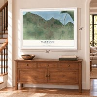 Oakwood, Wisconsin map, 24 x 36 inch print in a white frame above a dresser by a staircase