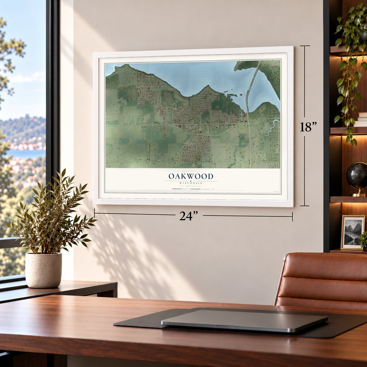 Oakwood, Wisconsin map, 18 x 24 inch print in a white frame in a home office