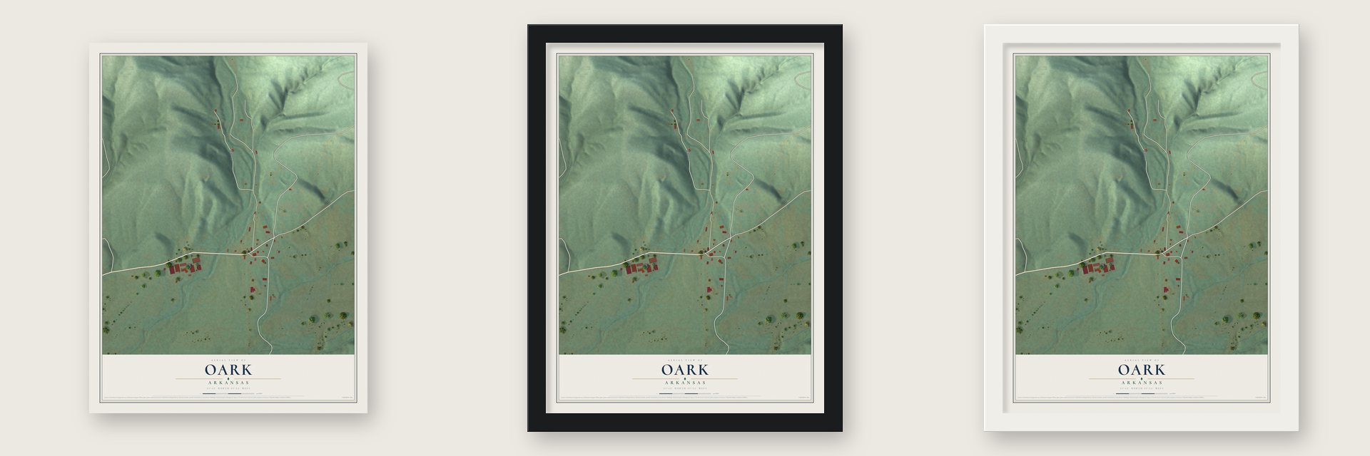 Oark, Arkansas map unframed, in a black wood frame and in a white wood frame
