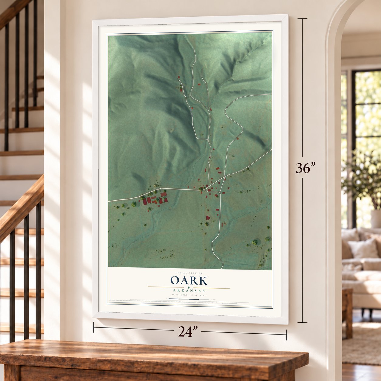 Oark, Arkansas map, 24 x 36 inch print in a white frame by a staircase