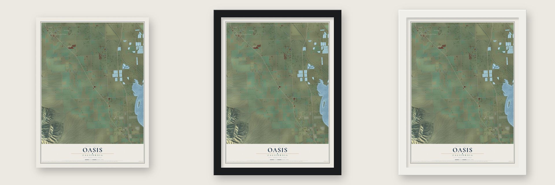 Oasis, California map unframed, in a black wood frame and in a white wood frame