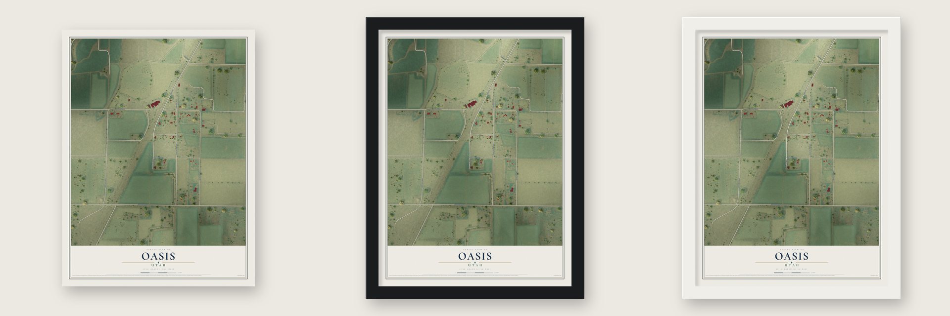 Oasis, Utah map unframed, in a black wood frame and in a white wood frame