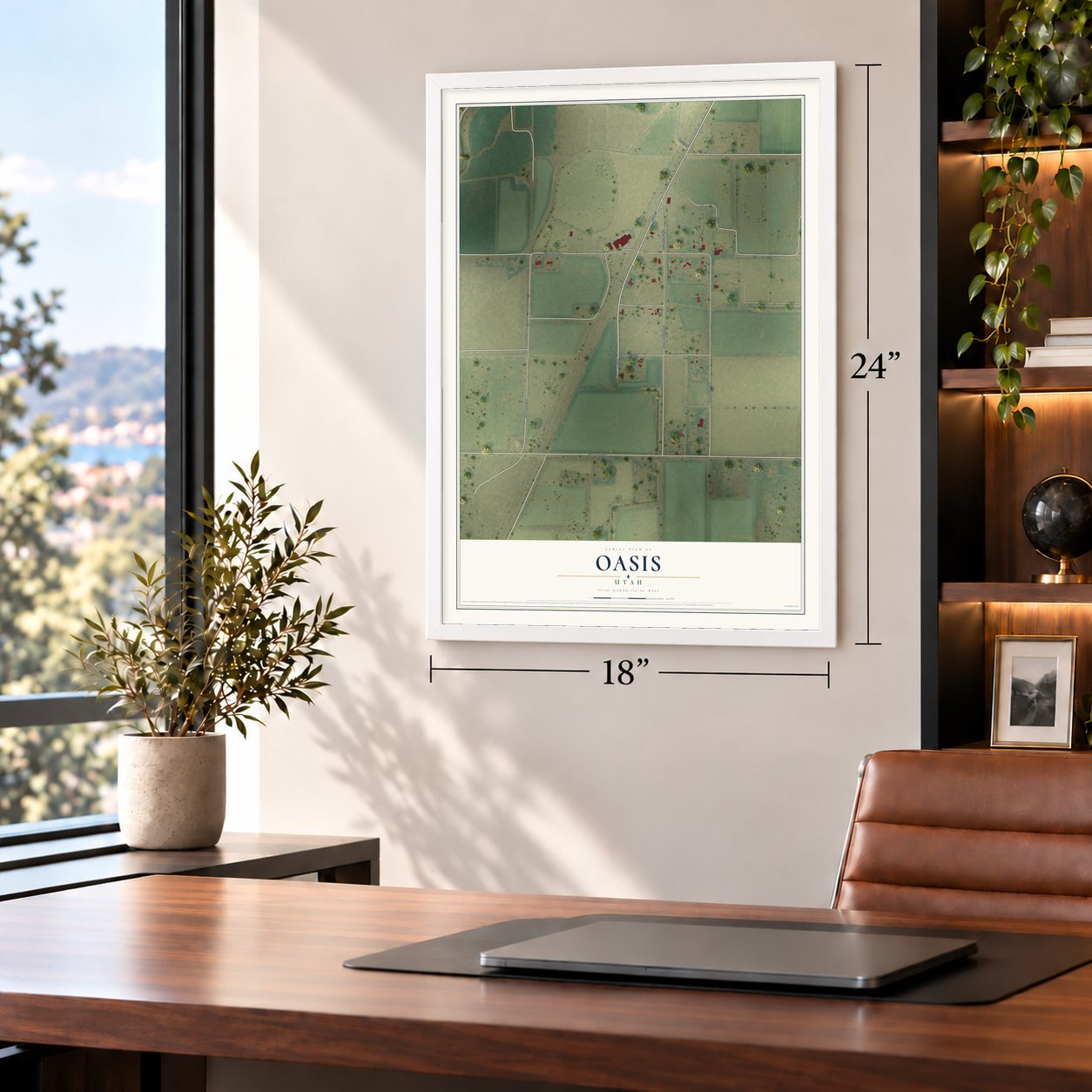 Oasis, Utah map, 18 x 24 inch print in a white frame in a home office